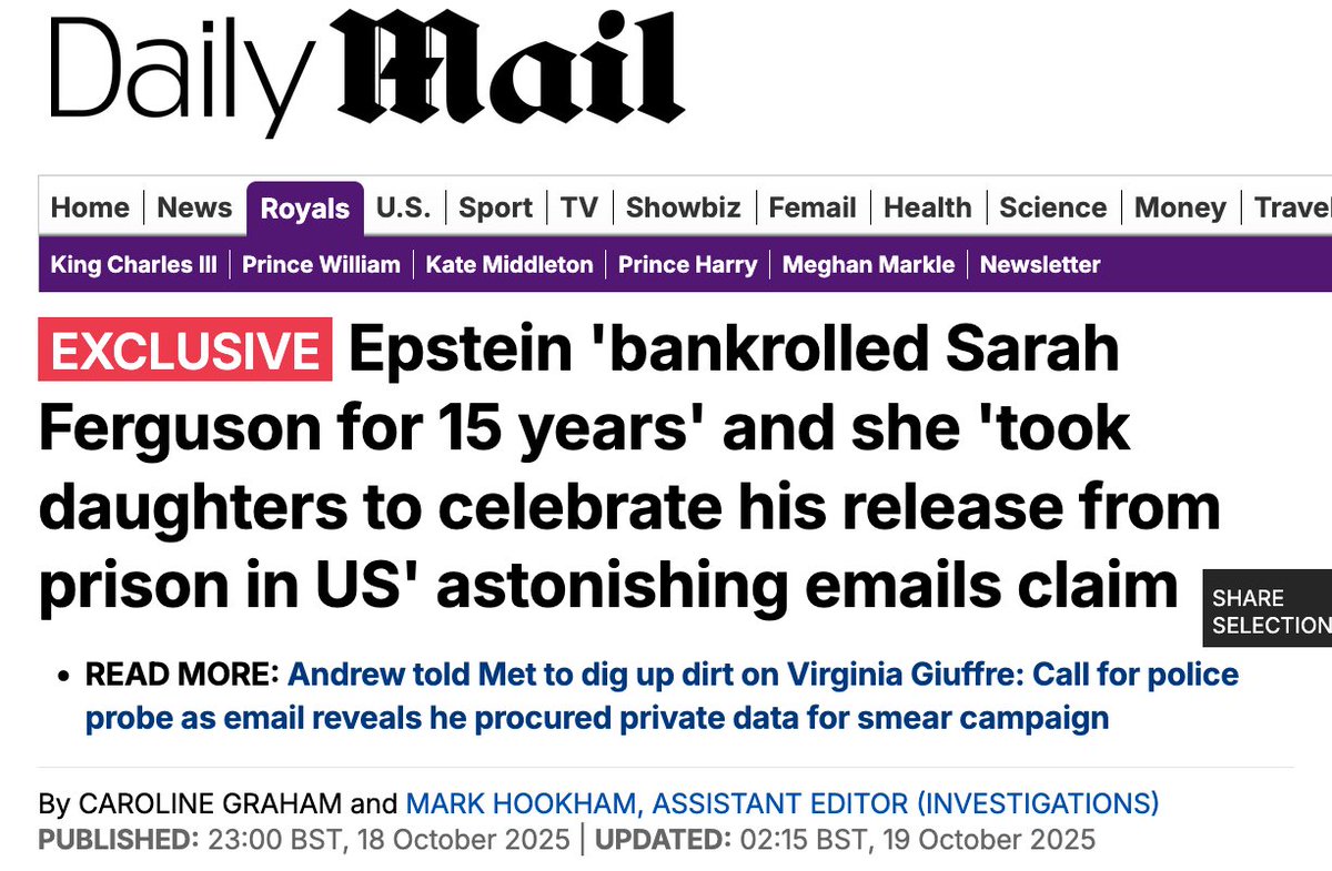 bettinna's tweet photo. Now it's been reported, Epstein bankrolled Sarah Ferguson, former Duchess Mrs. Prince Andrew, for 15 YEARS and she took her daughters [i.e. Princess Eugenie and Princess Beatrice] to celebrate Epstein's release from prison in the U.S. according to emails seen by British Mail. 😳 https://t.co/GsOEBZoNYR