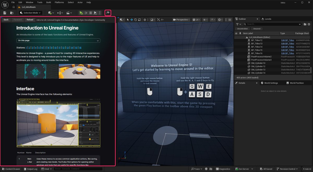 rarihoma's tweet image. この Template には『In-Editor Documentation』Plugin (Experimental) が使われていて、横にチュートリアルドキュメントを表示した状態で Editor を触れるようになっている。ドキュメントの内容は現在作成中っぽい。

#UEStudy