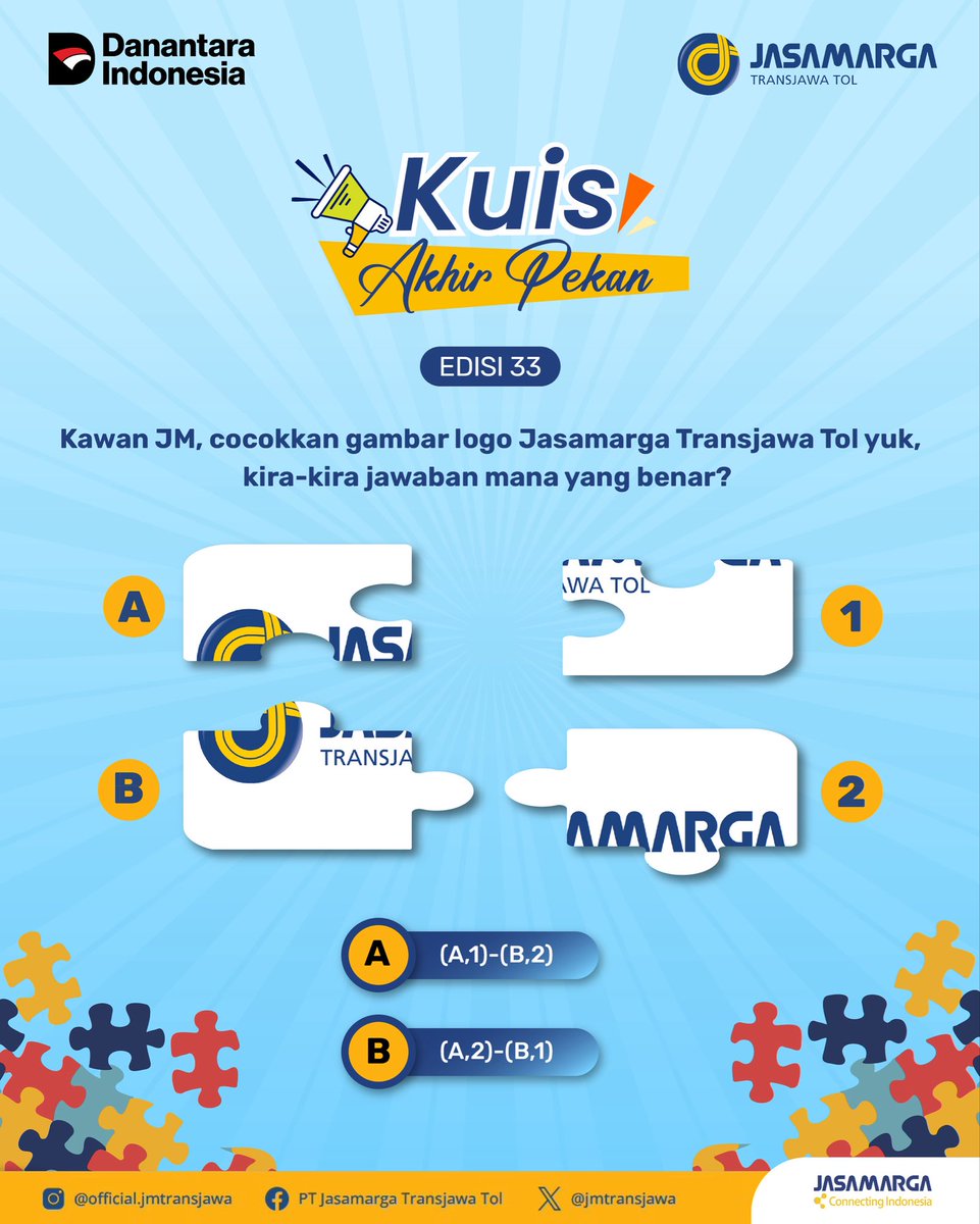 jmtransjawa's tweet image. Yuk, isi akhir pekanmu dengan kuis seru ini. Bisa jawab nggak, ya?
Ikutannya gampang banget, loh:
1. Follow dan subscribe semua akun media sosial Jasamarga Transjawa Tol
2. Like dan share postingan ini sebanyak-banyaknya