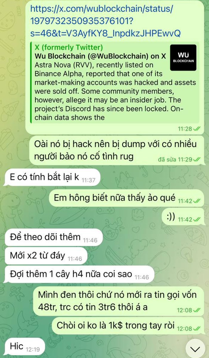 Có ae nào tham gia kèo pre TGE $RVV <a href="/Astra__Nova/">Astra Nova</a> trên <a href="/BinanceWallet/">Binance Wallet</a> hôm qua không?
Sao mà nó gian truân nó drama. 
- Ví bị giam tiền 48h
- Bán được 80$
- Dự án bị hack
- Tung tin raise được $48M
- Giá chia 5 từ đỉnh rồi x2 từ đáy 
- Không biết nên bắt lại không....
