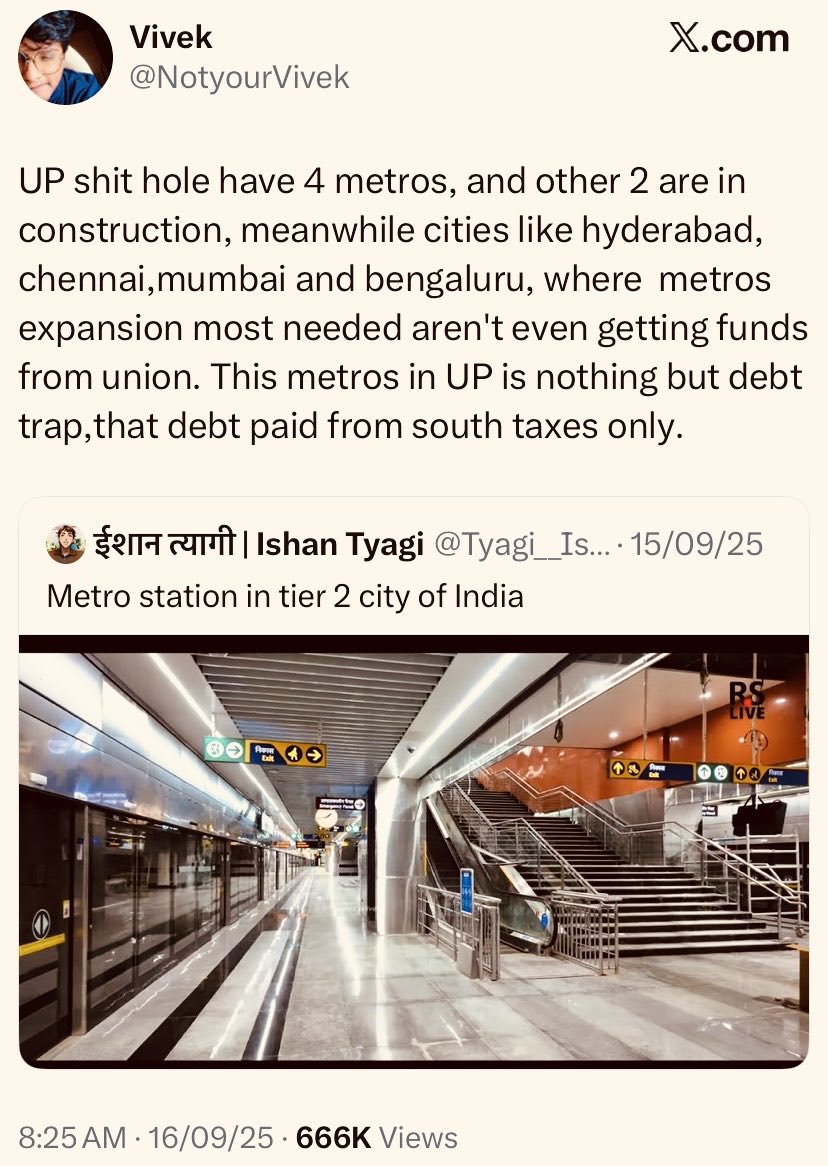 theupindex's tweet image. Total central funding for Agra + Lucknow  + Kanpur + Noida Metro projects in Uttar Pradesh ~ &amp;lt; ₹10,000 CR

Central funding for Chennai Metro project in Tamil Nadu ~ &amp;gt; ₹40,000 CR

Insane level of propaganda going on in some states.
