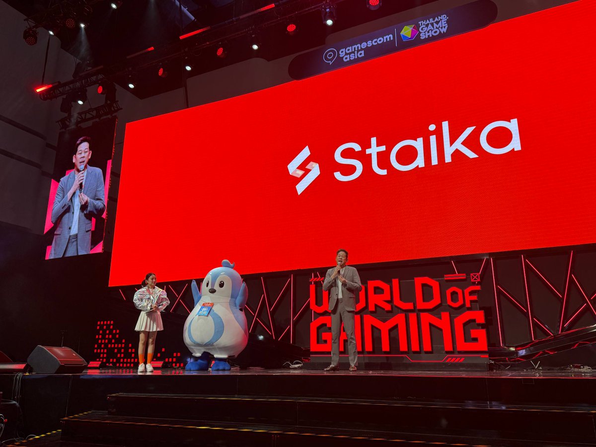 staika_official's tweet photo. Happening NOW at @gamescomasia: 

Staika CEO, Nuk Charoenpit is on stage unveiling the future of Staika. If you're in the building, join us! ✨

This is the alpha 🧡

#StaikaAtGCAxTGS2025
#DefenGo
#gazaGO
#GCAxTGS2025 https://t.co/SK52jdBuoW