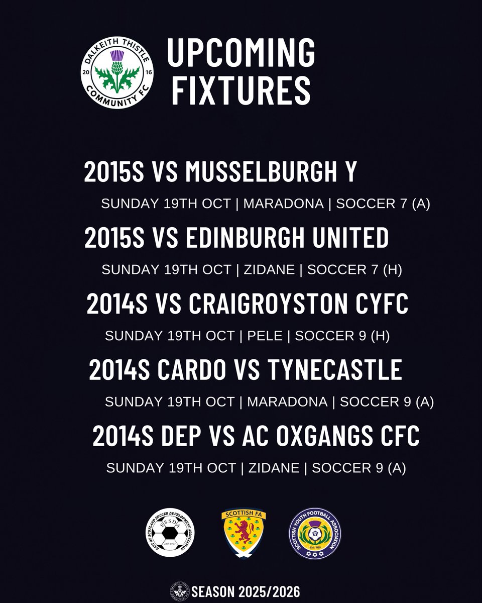 DalkeithCFC's tweet image. ⚫️⚪️ It’s matchday weekend for our ESSDA squads with plenty of football across our young age groups. @ESSDAfootball 

Best of luck to all our teams playing this Sunday. Play with confidence, teamwork and passion.

#DalkeithThistle #ESSDA