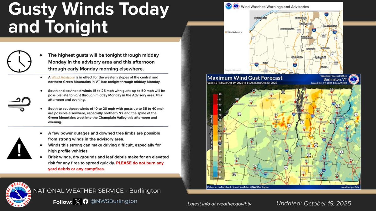 South to southeast winds of 10 to 20 mph with gusts of 35-40 mph possible later today and tonight. PLEASE do not burn any yard debris or any campfires.  #vtwx #nywx