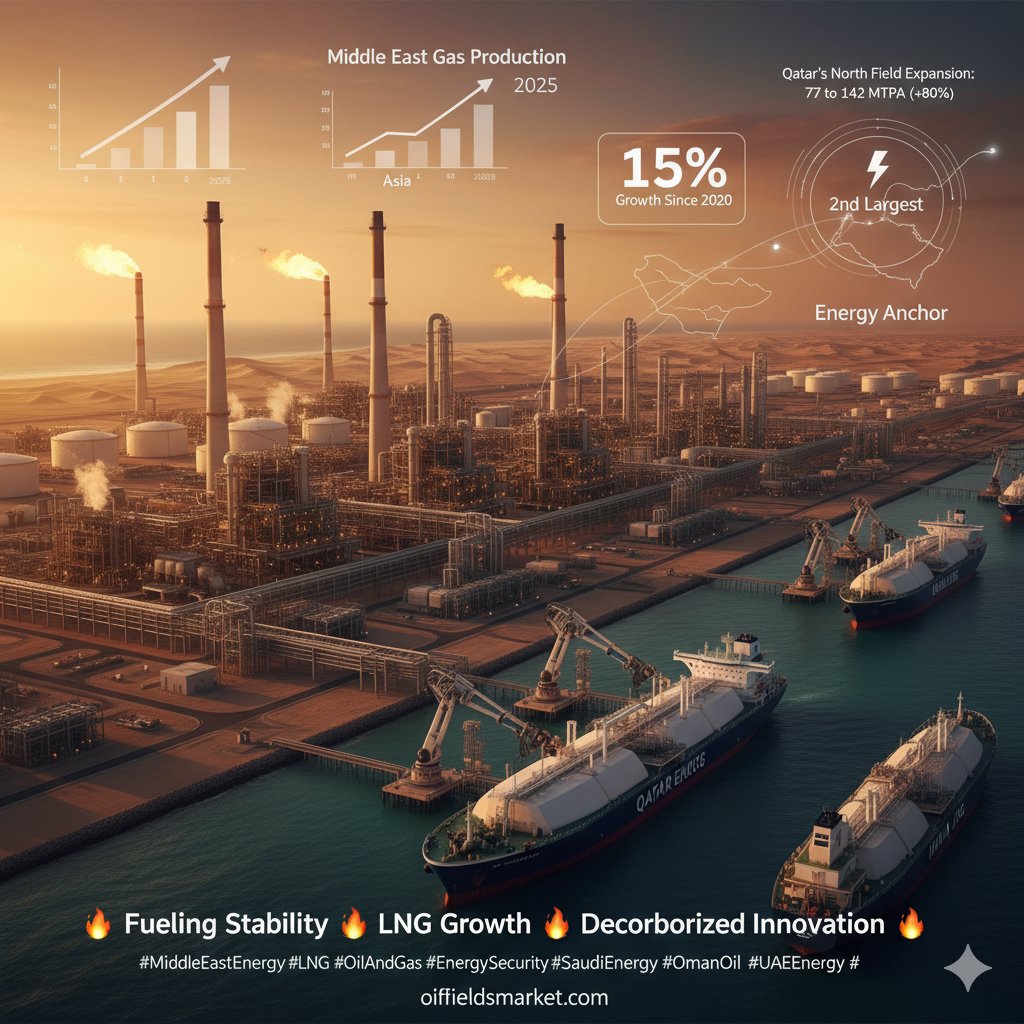 oilfieldsmarket's tweet photo. The Middle East is on track to become the world’s 2nd-largest gas-producing region in 2025, overtaking Asia for the first time. ⚡
Production has grown 15% since 2020, driven by big moves in Saudi Arabia, Qatar, the UAE, and Oman.Qatar’s North Field expansion alone will boost its LNG capacity from 77 to 142 million tonnes per annum by 2030 — a stunning 80% increase. The UAE’s Ruwais and Oman’s Marsa LNG projects are adding more fuel to the region’s export potential. 🌍Meanwhile, Saudi Arabia’s natural gas program continues to build momentum, adding over 3 bcfd by 2030 to power industrial growth and hydrogen ambitions.Amid global shifts, the Middle East is proving it’s the energy anchor — fueling stability, LNG growth, and decarbonized innovation. 🔥#MiddleEastEnergy #LNG #OilAndGas #EnergySecurity #QatarEnergy #SaudiEnergy #OmanOil #UAEEnergy #OilfieldsMarket
Connect your company with the fastest-growing energy marketplace at https://t.co/xc9yT75Uhy.
