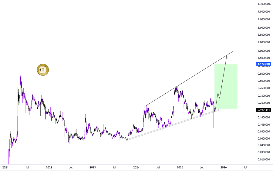 Line chart displays Dogecoin price in USD on vertical axis from 0 to 0.8, horizontal axis shows time from 2021 to 2025. Candlestick bars indicate price fluctuations with green and red segments. Blue trend line rises from left to right. Green shaded area highlights recent period. Bitcoin symbol appears in upper left corner.