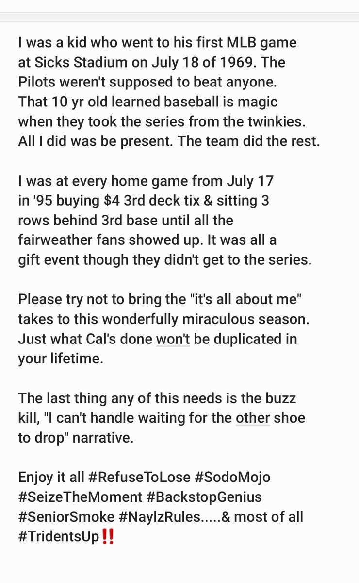 4thDown_GoForIt's tweet image. A message from a Seattle sports fan who's first MLB team was the Pilots &amp;amp; who has 💯🔥 no fear about whats next for the Ms &amp;amp; why. 
#RefuseToLose #SodoMojo #BackstopGenius #SeniorSmoke #NaylzRules.....&amp;amp; most of all #TridentsUp ‼️