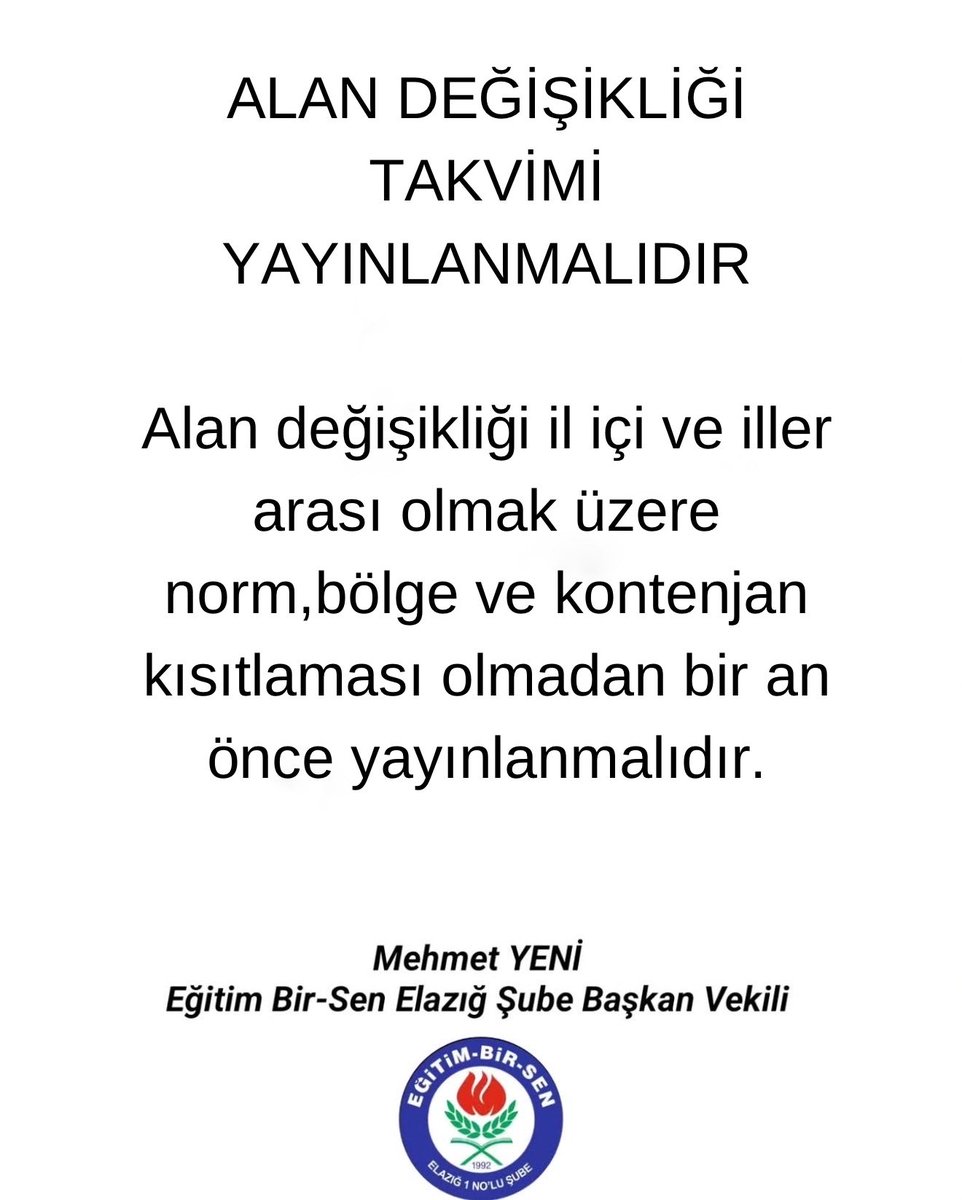 Alan Değişikliği Takvimi yayınlanmalıdır

#KısıtlamasızAlanDeğişikliği
#alandeğişikliğibekleniyor