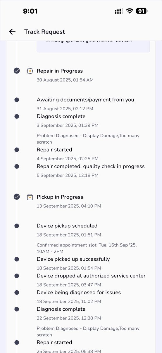 Nischalahuja's tweet image. “@kunalmahipal Extremely disappointed with my Apple 14 Pro (SR250825001093) service. Since June, multiple faulty repairs—screen, sensors, AirDrop &amp;amp; battery issues. Today returned again with white-dotted screen! Refused delivery. Team Kapil, Aman &amp;amp; Sagar not responding. #Onsitego