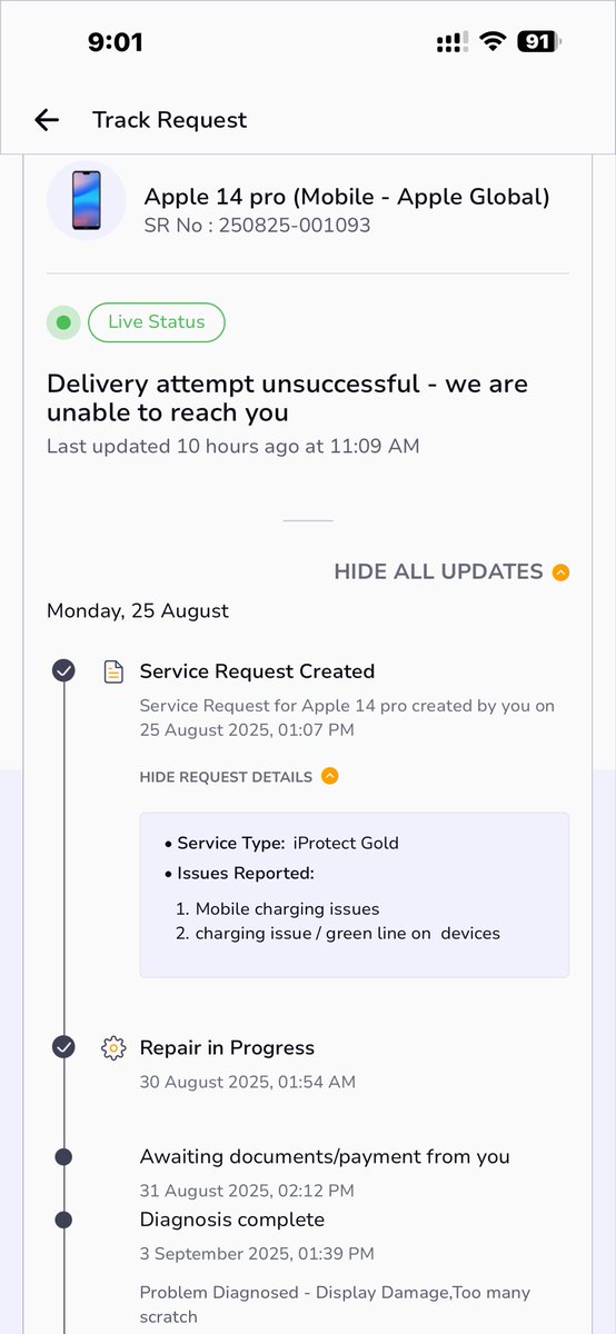 Nischalahuja's tweet image. “@kunalmahipal Extremely disappointed with my Apple 14 Pro (SR250825001093) service. Since June, multiple faulty repairs—screen, sensors, AirDrop &amp;amp; battery issues. Today returned again with white-dotted screen! Refused delivery. Team Kapil, Aman &amp;amp; Sagar not responding. #Onsitego