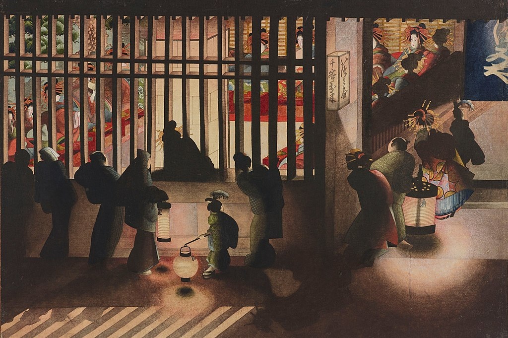 artinsociety's tweet image. Katsushika Ōi, the talented, overlooked daughter/collaborator of famous woodblock artist Hokusai, painted this night scene in Tokyo’s notorious Yoshiwara district. Passers-by gaze through latticed windows at brightly-dressed women in a clever interplay of light &amp;amp; shade (c 1850)