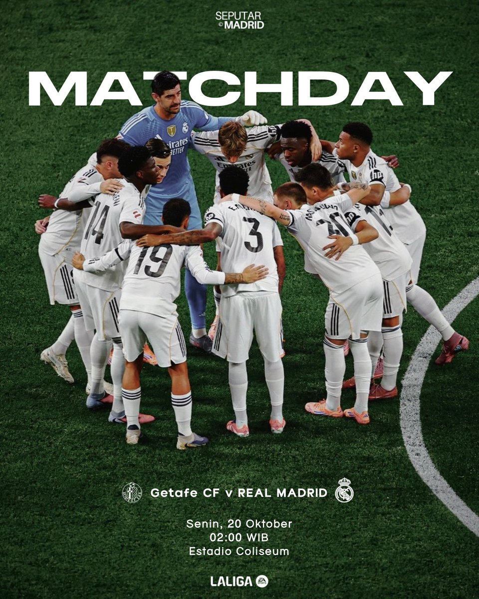 🚨 It’s 𝗠𝗔𝗧𝗖𝗛𝗗𝗔𝗬!

🏆 #LALIGAEASPORTS Jornada 9
⚔️ Getafe 𝗫 Real Madrid
🏟 Estadio Coliseum
🗓 Senin, 20 Oktober
⏰ 02.00 WIB
📺 BeIN Sports &amp; Vidio.

¡VAMOOOS REAL! 🤍
