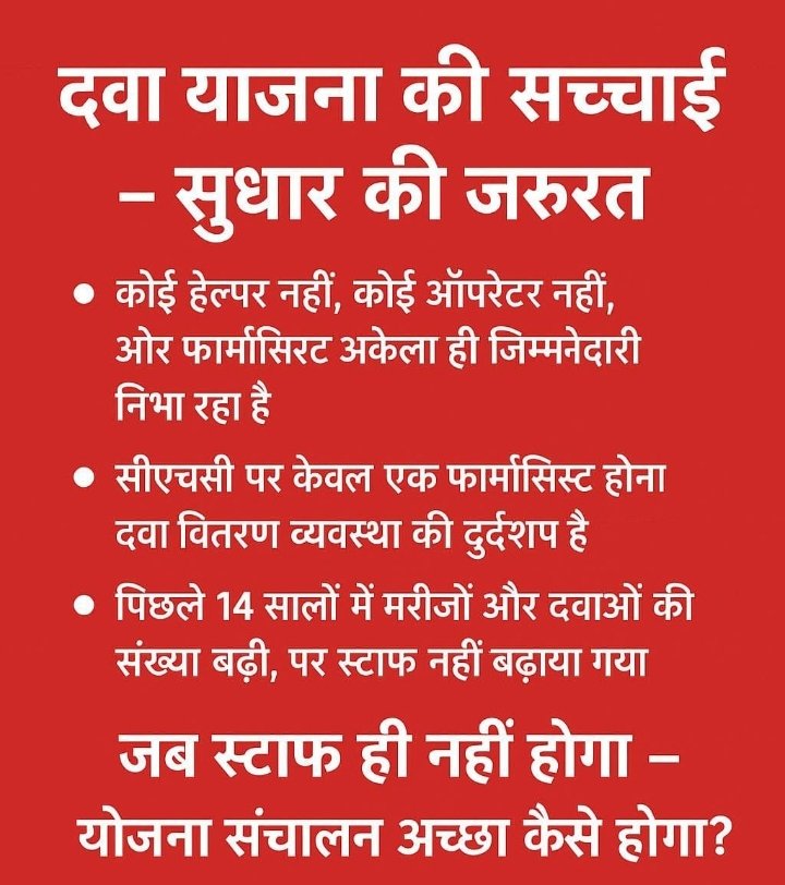 चिकित्सा विभाग द्वारा स्वीकृत 6826 पदों पर भर्ती जल्द हो जिससे मरीजों और बेरोजगार फार्मासिस्ट दोनों को राहत मिल सके।
सन 2012 से मरीज बढ़े हैं परंतु स्टाफ नहीं बढ़ाया गया। <a href="/RajCMO/">CMO Rajasthan</a> <a href="/BhajanlalBjp/">Bhajanlal Sharma</a> <a href="/GajendraKhimsar/">Gajendra Singh Khimsar</a> <a href="/KumariDiya/">Diya Kumari</a> <a href="/DrPremBairwa/">Dr Prem Chand Bairwa</a> <a href="/RPSS_united/">राजस्थान फार्मासिस्टस् संघर्ष समिति (United)</a> <a href="/AnandSura7/">Pharmacist Anand Sura</a> <a href="/sharatjpr/">Sharat</a>