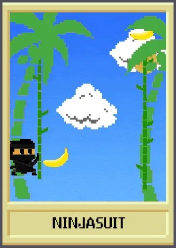 NINJASUIT is a pioneering NFT minted on Counterparty on May 20, 2016. It is tied to the early play-to-earn game SaruTobi (later expanded as Sarutobi Island). 

With a total supply of 1,000 units (of which many have been burned or lost, it exists functionally as a “skin” that