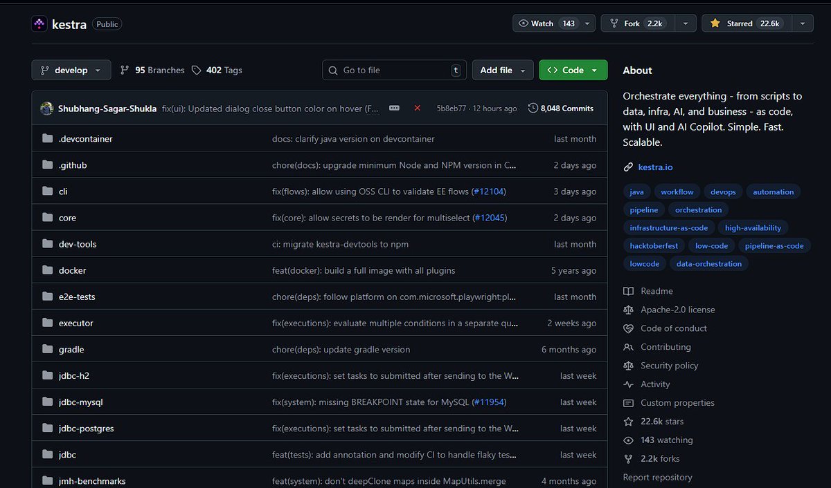 Just dropped a ⭐ on <a href="/kestra_io/">Kestra</a> - their workflow automation approach is seriously impressive.
Love seeing open-source tools pushing the limits of what devs can automate 🚀

#kestra #wemakedevs #developer #Development #DeveloperCommunity #FullStackDeveloper #OpenSource