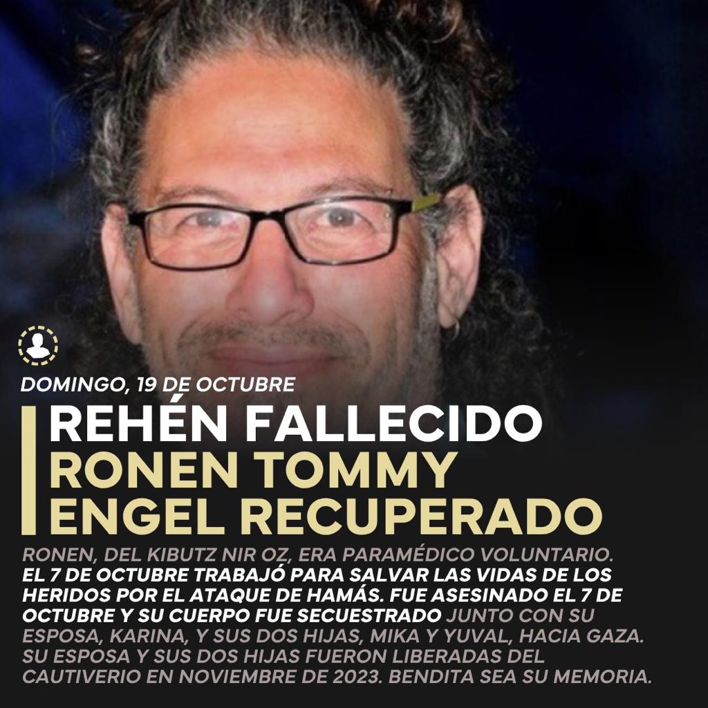 FDIonline's tweet image. 🟡 Representantes de las FDI informaron a la familia de Ronen Tommy Engel que su cuerpo había sido devuelto para su entierro.
Ronen Tommy Engel fue asesinado por terroristas de Hamás el 7 de octubre de 2023, cuando salió a defender a su familia de los terroristas y su cuerpo fue…