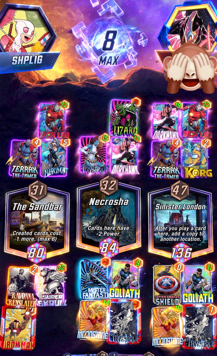 dopaliscious's tweet image. Bet this guy was pissed. Losing while playing 5 darkhawks and hitting me with 5 rocks. (Lad/mystique)
I couldn’t figure out if it was better to mystique Skrull or Ironman (did iron)