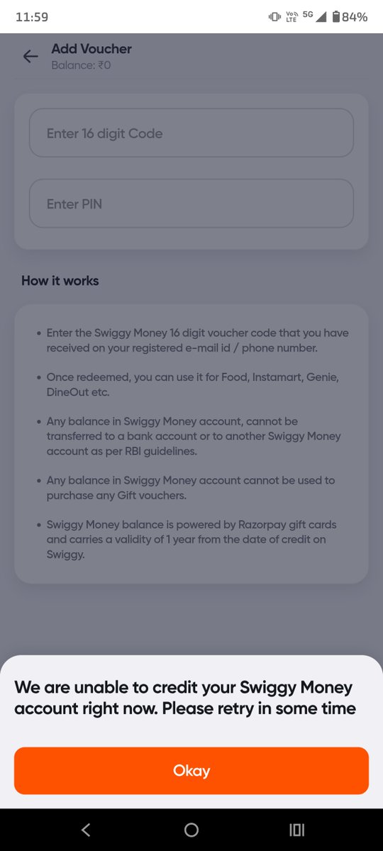 PetukBaba's tweet photo. @SwiggyCares Hi Team, im unable to redeem my gift voucher. Constantly getting this error. Plz look into this on priority since this is urgent https://t.co/CC1hDcQGR7