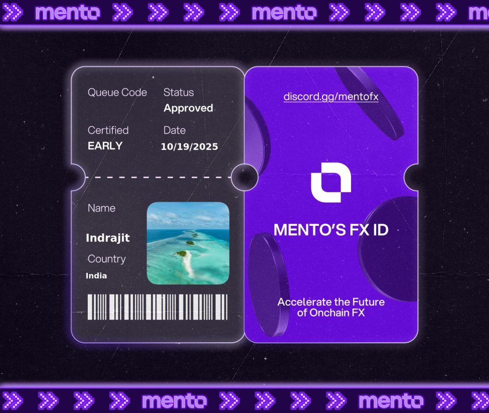 indrajitmc6's tweet image. $7.5T moves daily in TradFi FX. 

Now it moves onchain with @MentoLabs, and I’m part of it.

Claimed my FX ID.

Claimed my FX ID. You? 

 → discord.gg/mentofx