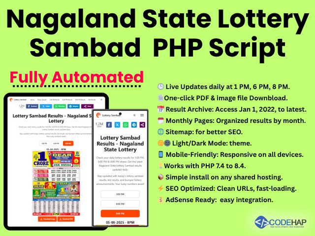 CodeHap's tweet image. 🚀 Automate your Nagaland Lottery site! Lottery Sambad PHP Script: Live results @ 1/6/8 PM, PDF/image downloads, 2022+ archives, SEO/AdSense-ready. w/ free install + lifetime updates. Build & earn fast!
🔗 codehap.com/store/nagaland…
#LotterySambad #PHP #WebDev #NagalandLottery