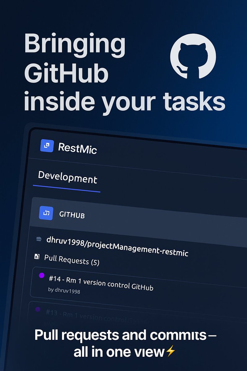 restmicoffical's tweet image. 🚀 GitHub now lives inside RestMic! ⚡
See PRs, commits & updates right in your tasks — no more tab switching or “is it pushed yet?” messages. 💬💻
Drop a ⚡ if you want a sneak peek!
#Productivity #Startups #developersdev #GitHub #tech