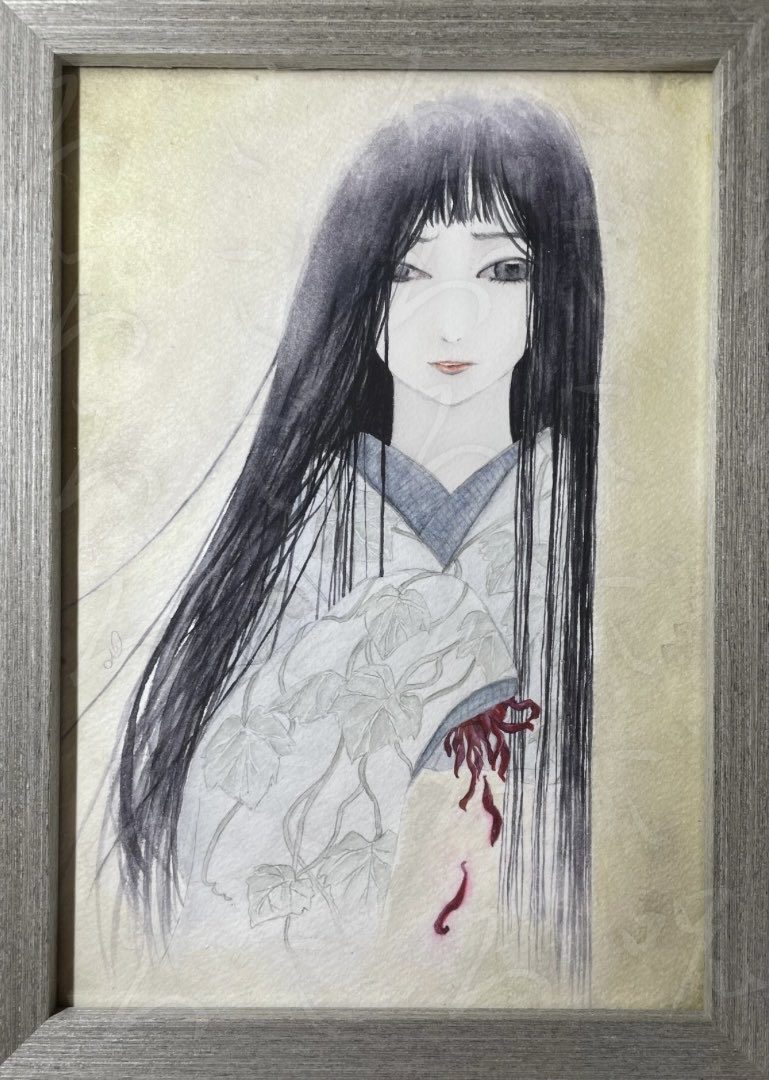 女性の絵 水彩画 原画 額付き「薔薇色の頬」 女性の絵 水彩画 原画 額付き「薔薇色の頬」