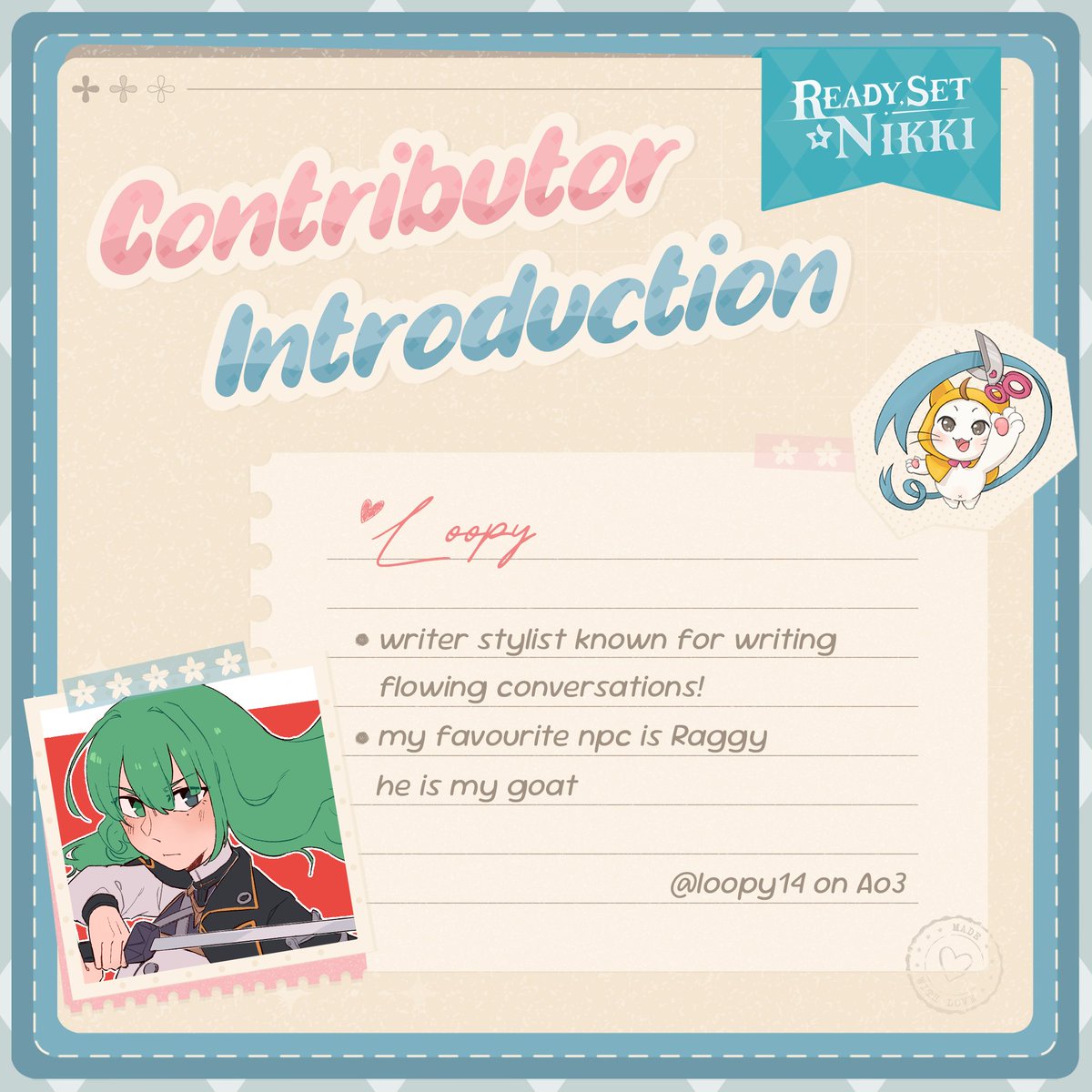 Ready, Set NIKKI ˚ʚ♡ɞ˚

✨ CONTRIBUTOR SPOTLIGHT ✨

Introducing our captivating writer, Loopy! Spinning words like ribbons into sweet, chatty conversations!💖✂️🎀