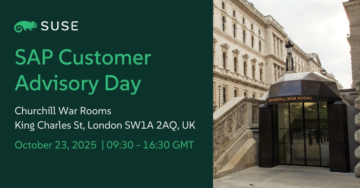 railfan1976's tweet image. 🚨 Join us on Oct 23 at Churchill War Rooms,London for #SUSE SAP Customer Advisory Day.
✅#SAP trends
✅Hybrid #Cloud best practices
✅#Security & compliance insights
Speakers from @NetApp, @awscloud , @SoftwareOne, UKI @SAPUserGroup & @AvantraHQ
👉 okt.to/abQdkf