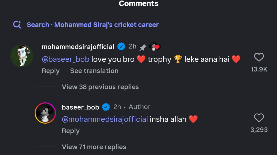 Witty_Alisha's tweet image. This is huge 👏

Cricketer #MohammadSiraj commented on #BaseerAli&apos;s insta post. 🔥

#BiggBoss19 #BB19 #AmaalMallik