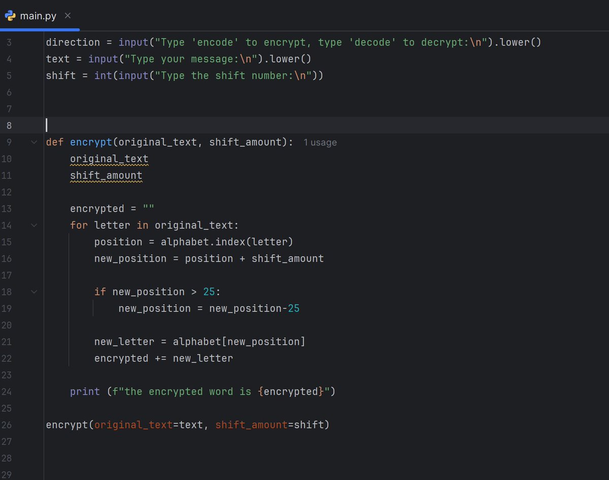 Albanacht's tweet image. Day 8/100 ✅ Project complete! I built a half functional Caesar Cipher that can encrypt and decrypt messages.
This was a fantastic exercise in using functions with parameters and handling tricky for loop logic.
#100DaysOfCode #PythonProjects #LearnToCode