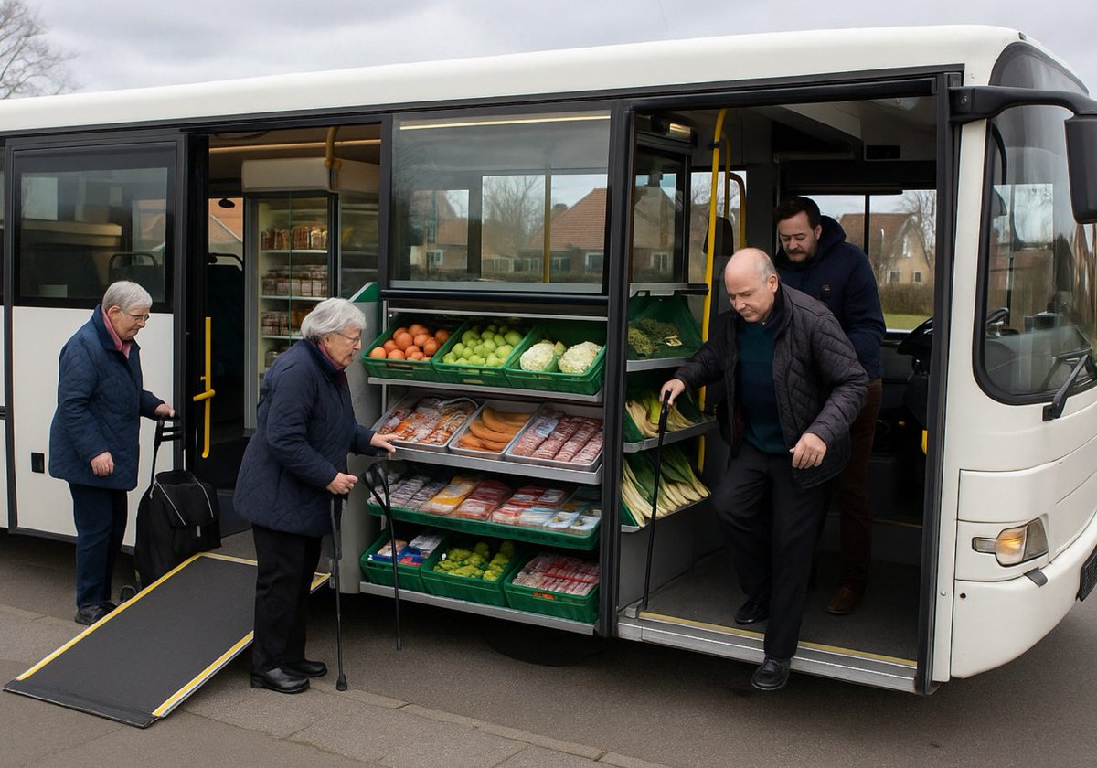 In Dänemark werden alte Stadtbusse, die einst durch die Straßen fuhren, werden jetzt zu mobilen Lebensmittelgeschäften umgebaut – speziell für ältere Menschen, die in ländlichen Gebieten leben und oft keinen einfachen Zugang zu frischen Lebensmitteln haben.