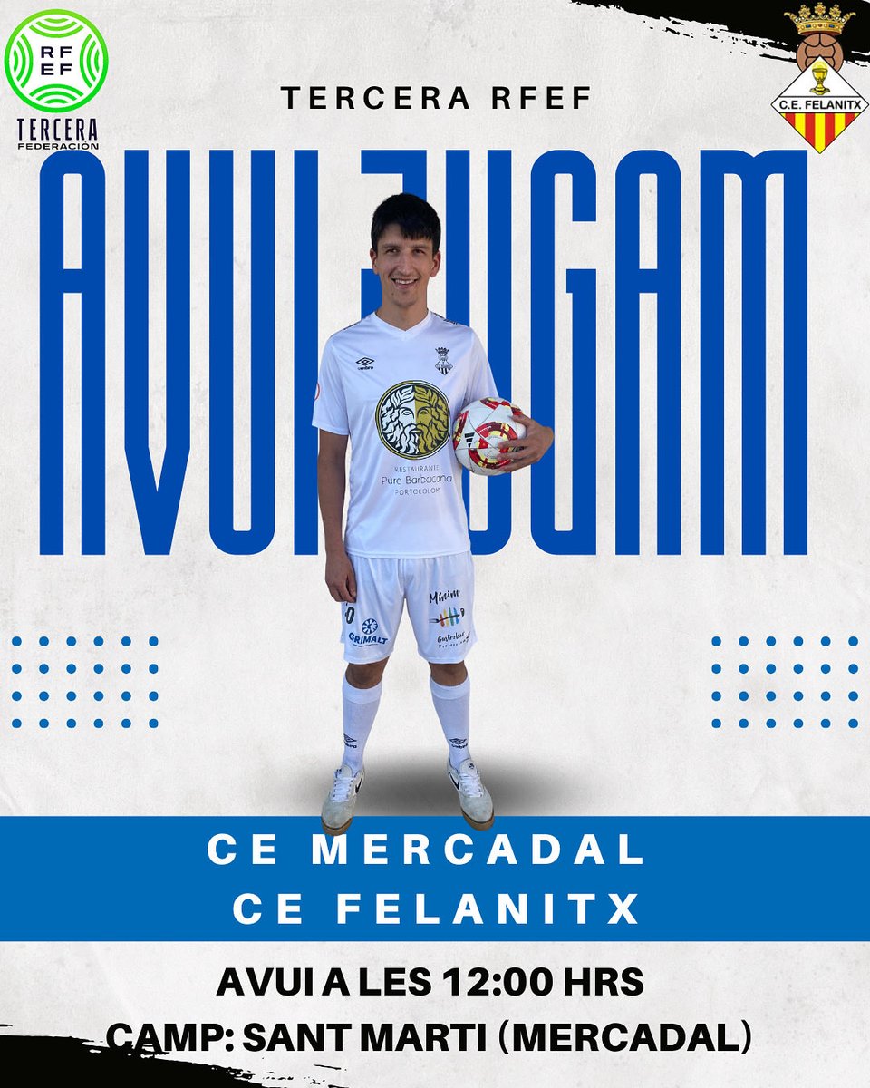 cefelanitx's tweet image. 𝗔𝗩𝗨𝗜 𝗝𝗨𝗚𝗔𝗠! 

👉 Jornada 7 - Tercera RFEF 

🆚 @CeMercadal ⏰ 12:00 

🏟️ Mun. Sant Marti (Mercadal) 🎥 Eivo TV 

💥 Anam fins a Menorca per jugar una nova jornada

💪 Lluitarem fins al final! 

#vamosfela #orgullfelanitxer