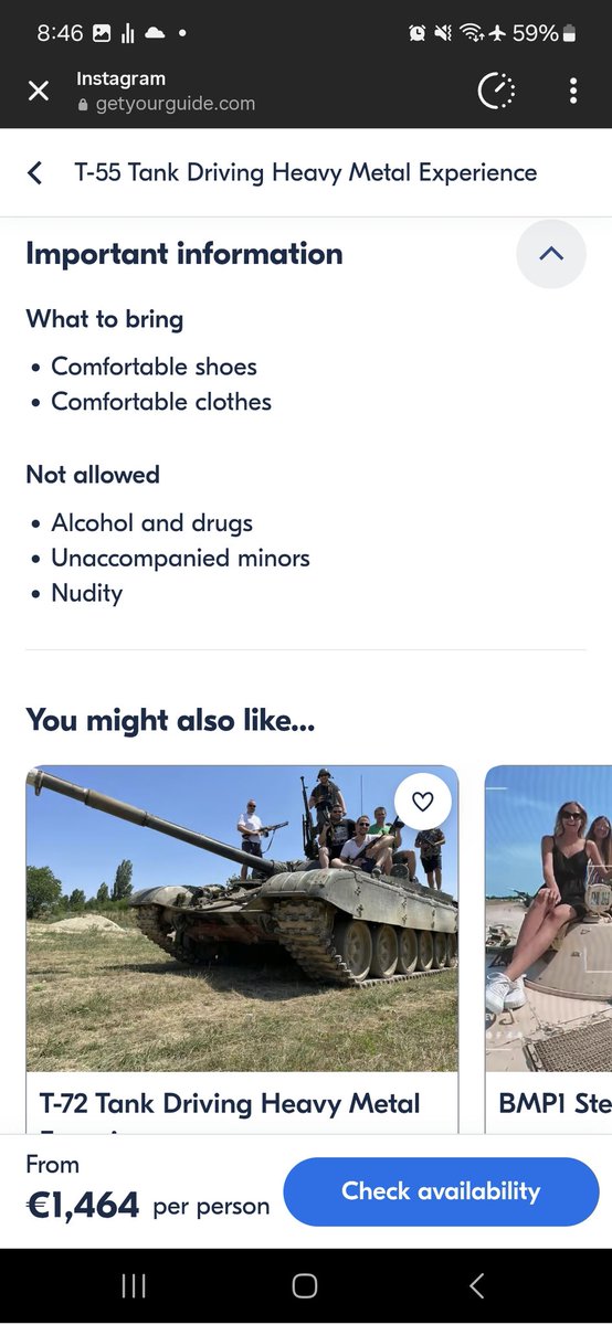 gssq's tweet image. &quot;T-55 Tank Driving Heavy Metal Experience 

Not allowed
Alcohol and drugs
Unaccompanied minors
Nudity&quot;