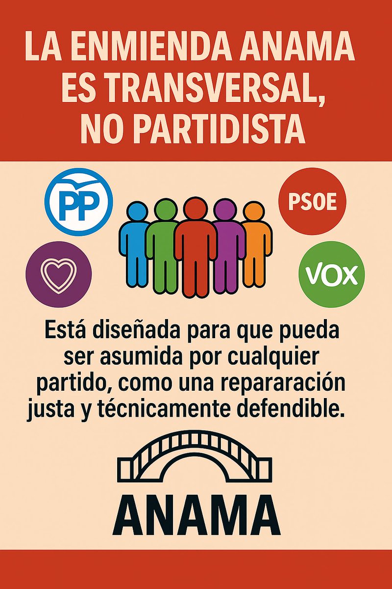 <a href="/sumar/">Sumar</a> <a href="/ppopular/">Partido Popular</a> <a href="/PSOE/">PSOE</a> <a href="/JuntsXCat/">Junts per Catalunya🎗</a> <a href="/obloque/">BNG - Bloque Nacionalista Galego</a> <a href="/Esquerra_ERC/">Esquerra Republicana</a> <a href="/vox_es/">VOX 🇪🇸</a> <a href="/eajpnv/">EAJ-PNV</a> la justicia social no se pospone, se practica.
La #EnmiendaANAMA repara una desigualdad que castiga a miles de profesionales mayores.
No cuesta dinero, cuesta decisión.
#PasarelaJusta