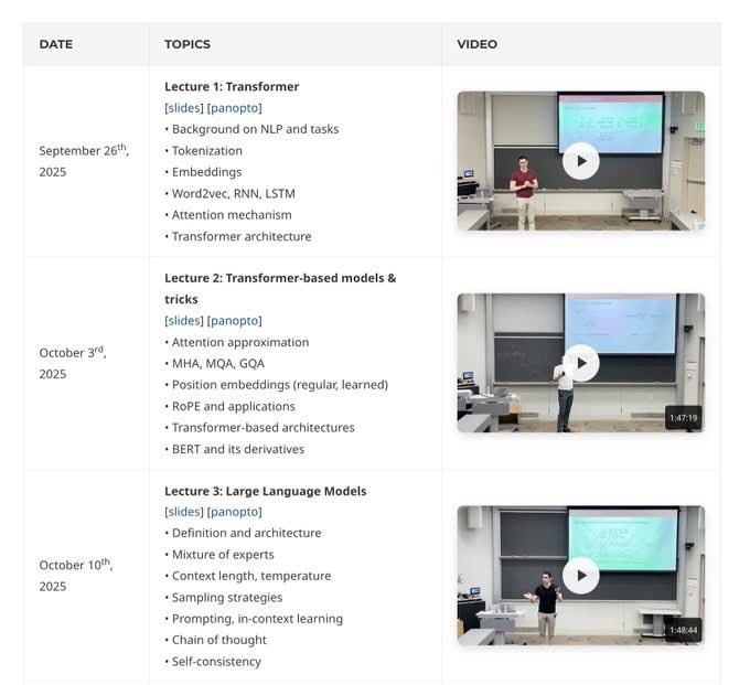 alifcoder's tweet image. Stanford just released a new course for this Fall: Transformers & Large Language Models by the Amidi brothers. Three videos are already available for free on YouTube.
SYLLABUS:
- Transformers (tokenization, embeddings, attention, architecture)
- LLM foundations (MoEs, types of…