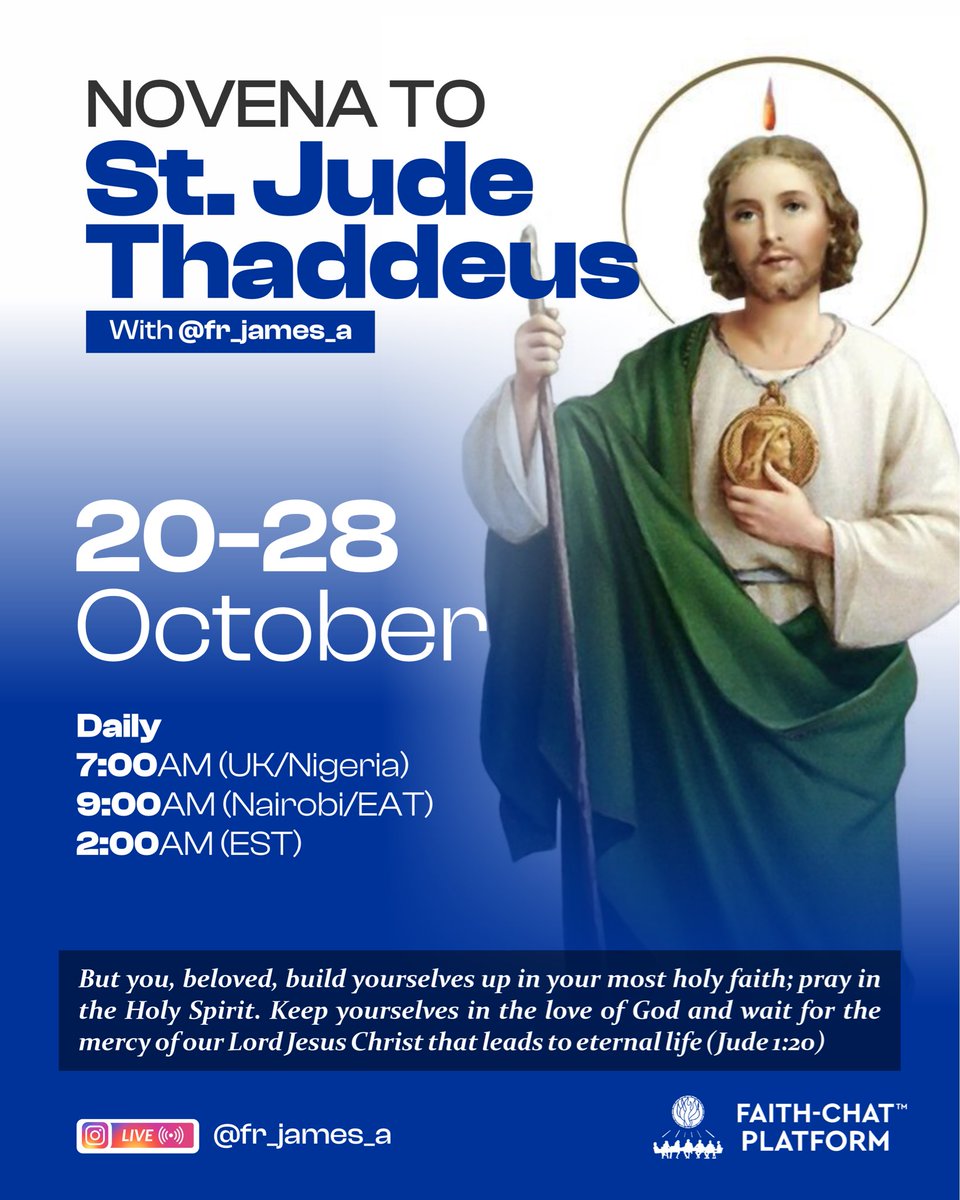 frjamesa's tweet image. St. Jude Thaddeus, one of the most invoked saints for intercession in desperate situations. 

Come, let us approach the throne of grace with our desperate needs through the intercession of St. Jude Thaddeus. 

We start tomorrow: 20th - 28th October.

#stjudethaddeus…