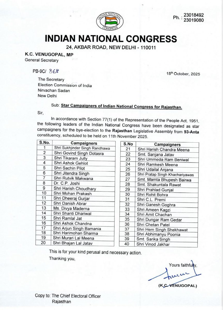 AMAANI_1634's tweet image. अंता विधानसभा उप चुनाव - 2025 हेतु शीर्ष नेतृत्व द्वारा नियुक्त समस्त स्टार प्रचारकों को हार्दिक बधाई और शुभकामनाएं।

आपके मार्गदर्शन में बेहतर चुनाव प्रबंधन होगा और मजबूती से हम चुनाव लड़ने का कार्य करेंगे।
#PramodBhaya #Anta #Mangrol