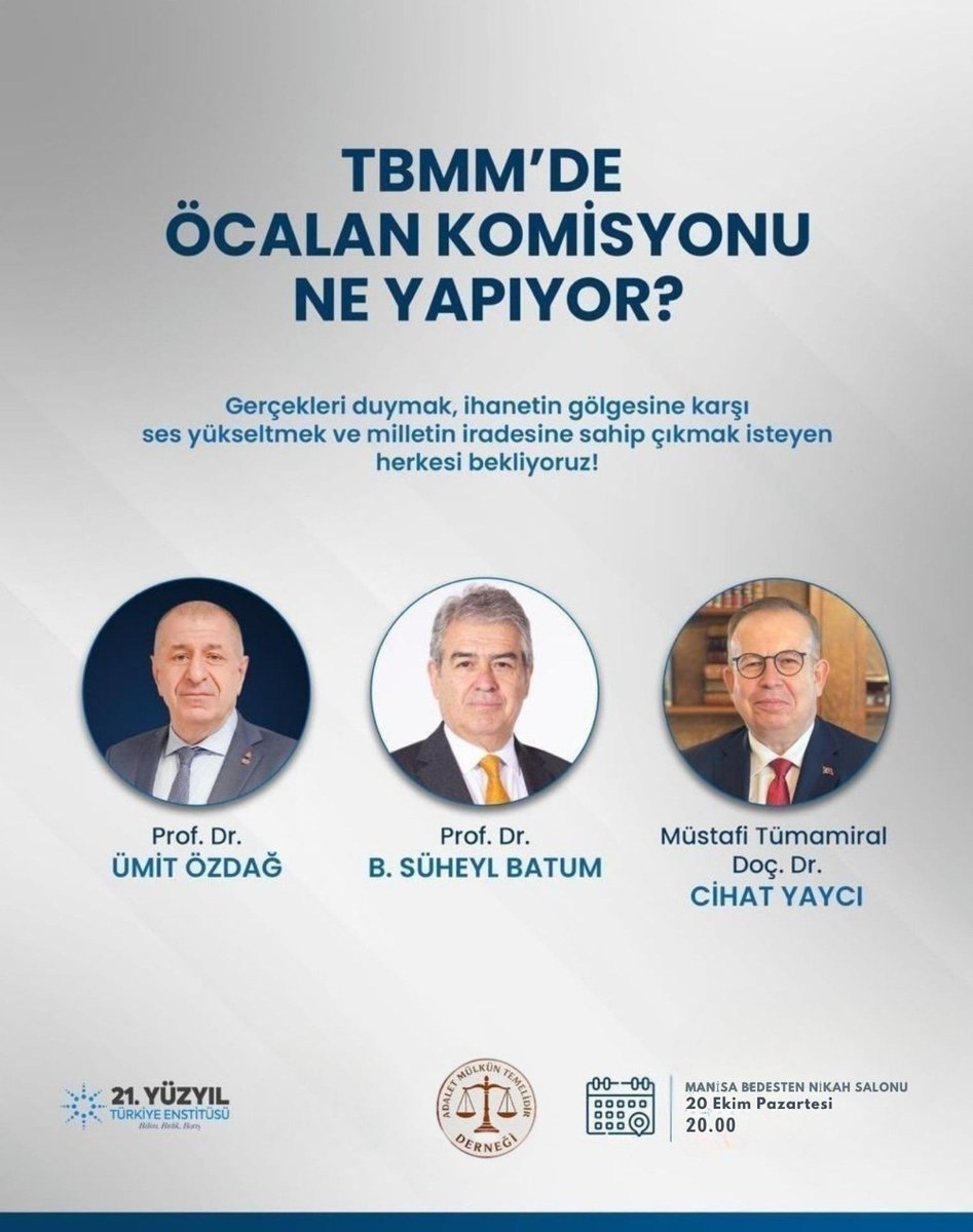 Ümit Özdağ'a Özgürlük Platformu (@ozdagaozgurlukp) on Twitter photo Gerçekleri duymak, ihanetin gölgesine karşı ses yükseltmek ve milletin iradesine sahip çıkmak isteyen herkesi panelimize bekliyoruz. TÜRK MİLLETİ KAZANACAK, İHANET KAYBEDECEK!
20 Ekim Pazartesi
Saat 20:00
Manisa Bedesten Nikah Salonu
<a href="/umitozdag/">Ümit Özdağ</a> <a href="/suheylbatum/">Süheyl Batum</a> #CihatYaycı Gerçekleri duymak, ihanetin gölgesine karşı ses yükseltmek ve milletin iradesine sahip çıkmak isteyen herkesi panelimize bekliyoruz. TÜRK MİLLETİ KAZANACAK, İHANET KAYBEDECEK!
20 Ekim Pazartesi
Saat 20:00
Manisa Bedesten Nikah Salonu
<a href="/umitozdag/">Ümit Özdağ</a> <a href="/suheylbatum/">Süheyl Batum</a> #CihatYaycı