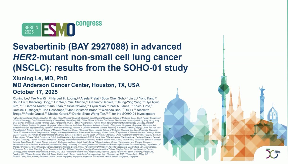 SOHO-01 ESMO 2025 title slide — sevabertinib (BAY 2927088) in advanced HER2-mutant NSCLC, Oct 17, 2025