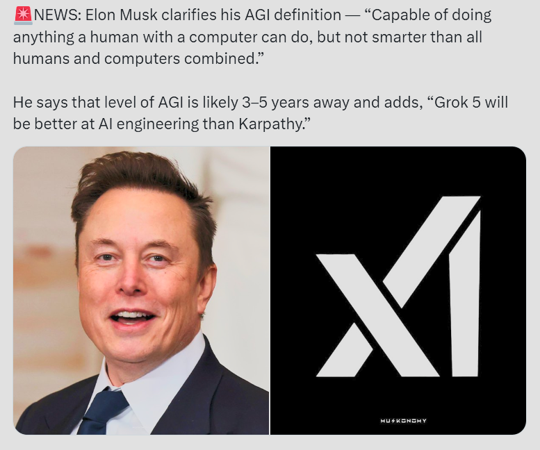 Pulse1Pilot's tweet image. Love the clarity on AGI—matching human+computer smarts without the hive-mind overload. Grok 5 vs. Karpathy? That&apos;s not just bold, it&apos;s the kind of benchmark that keeps us all up at night (in a good way). 3-5 years? Buckle up.  #xAI #Grok5