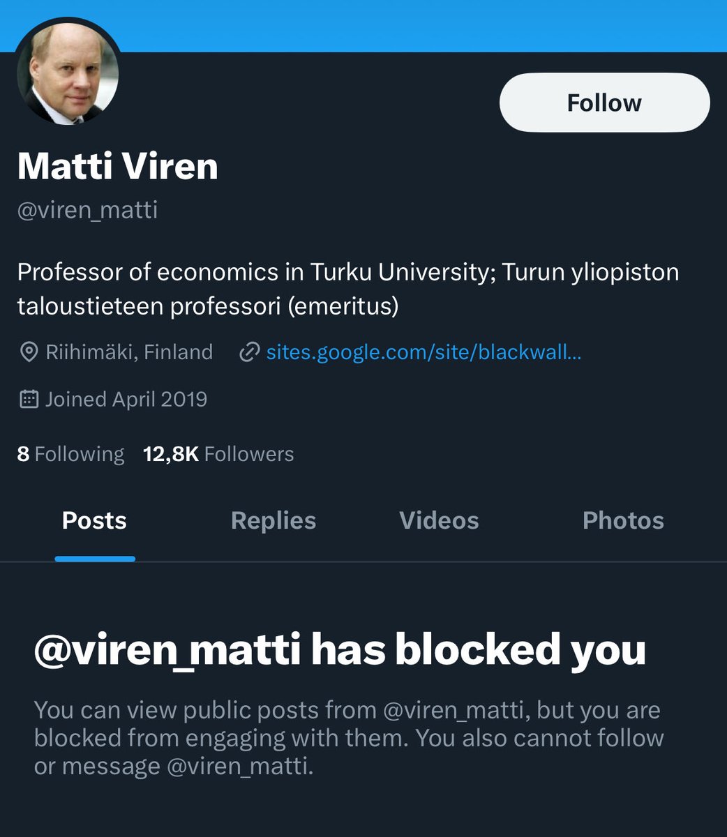 Jussi Hjalla-aho (@hjalla_aho) on Twitter photo Mitä tekee vastuullinen emeritusprofessori jäätyään kiinni valehtelusta ja populismista?
No haukkuu kommariksi ja blokkaa tietysti, kuten aikuisen miehen hyviin käytöstapoihin kuuluu.
<a href="/viren_matti/">Matti Viren</a> <a href="/UniTurku/">Turun yliopisto - University of Turku</a> Mitä tekee vastuullinen emeritusprofessori jäätyään kiinni valehtelusta ja populismista?
No haukkuu kommariksi ja blokkaa tietysti, kuten aikuisen miehen hyviin käytöstapoihin kuuluu.
<a href="/viren_matti/">Matti Viren</a> <a href="/UniTurku/">Turun yliopisto - University of Turku</a>