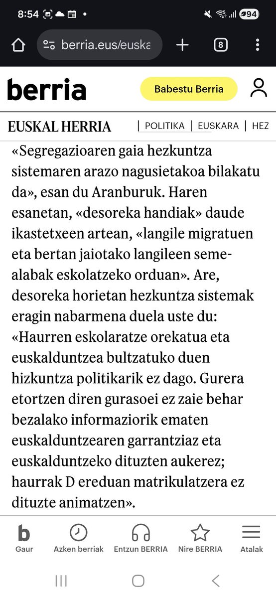 Itxurakeria ariketa latza.
Gizarte kohesioaren aldeko tresna eta ardatza D ereduko sare publikoa dela adierazi eta seme alabak ikastetxe itundu pribatuan matrikulatuta. 
Pertsonala politikoa da.
berria.eus/euskal-herria/…