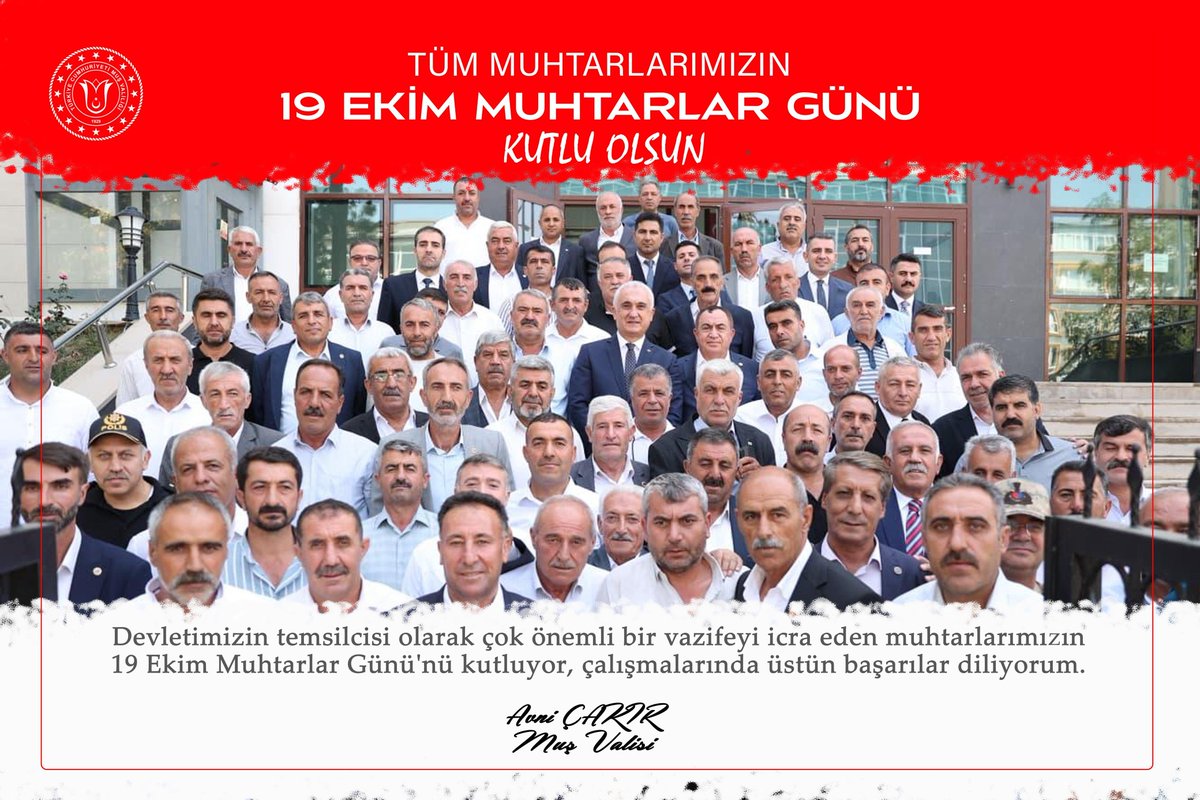 Mahallelerimizin ve köylerimizin sesi olan, halkımızla devletimiz arasındaki en güçlü bağlardan birini oluşturan değerli muhtarlarımız…
Fedakârca yürüttüğünüz hizmetlerden dolayı teşekkür ediyor, 19 Ekim Muhtarlar Günü’nüzü kutluyoruz. 🌸
#Muş #19EkimMuhtarlarGünü