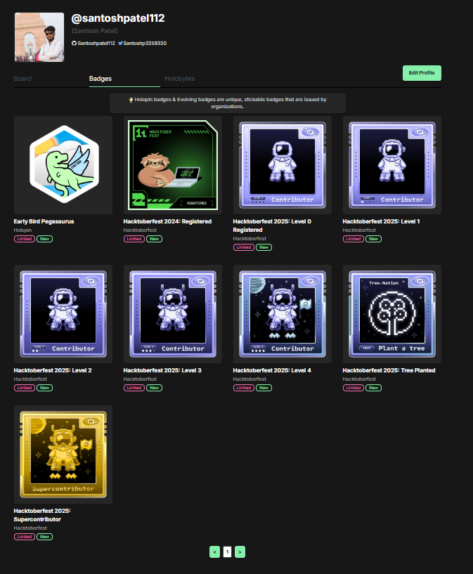 Santoshp3259330's tweet image. From Level 0 to Supercontributor! It's rewarding to see all the Hacktoberfest 2025 badges lined up. Every PR made a difference. Already looking forward to contributing more to open source!
#Hacktoberfest2025 #Coding #GitHub #Developer #OpenSourceContributions