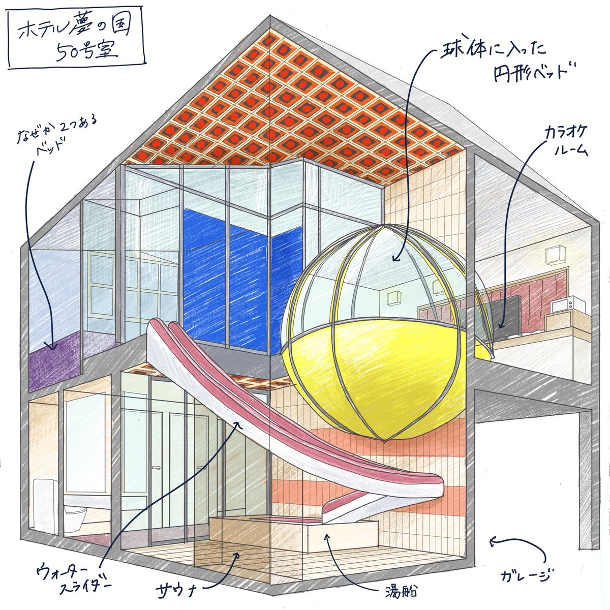 以前恐ろしいほどバズってしまったこちらのラブホテル。
その複雑な空間構成をよく知りたいと思いスケッチを描いてみたのですが、描けば描くほど「なぜセックスするためだけにこんな空間を…？」という疑問ばかりが浮かんできました。