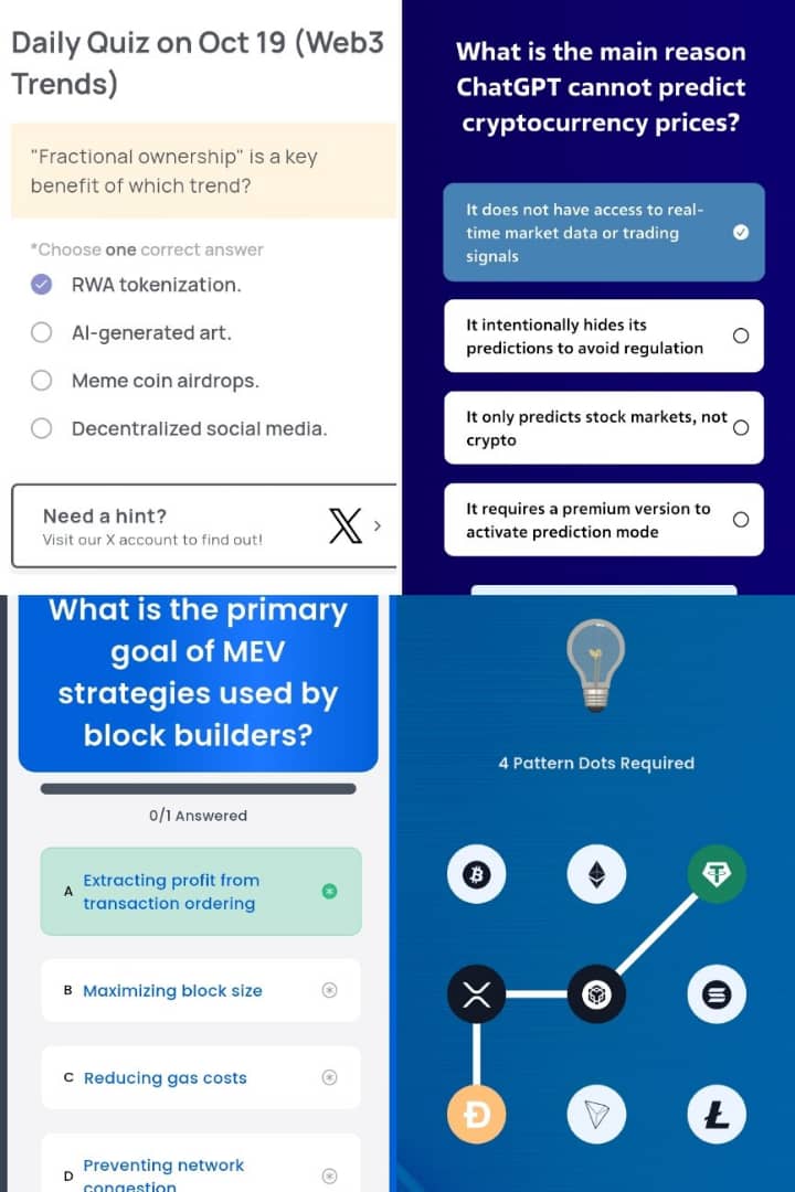 Shamsu_A_kura's tweet image. Gm
✨Here's Your Daily Quiz Ans:
📅 19th—Oct
🔸 #Xenea •☞ A ✅
🔸 #Arichain (check-in)
🔸 #Spur •☞ A ✅
🔸 #Syntax •☞ A ✅
🔸 #Marina •☞ B ✅
———
🔓Vault Combo:
📟 3-5-4-7✅
🏆 Earn Syntax +100 pts