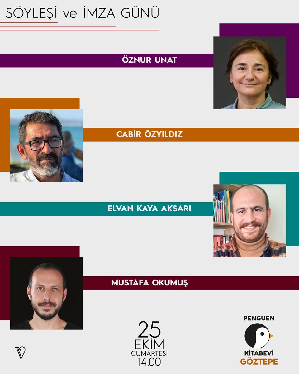 Haftaya cumartesi Göztepe Penguen'deyiz. Tanışmak ve sohbet etmek isteyen kıymetli dostları bekleriz. 🌻
<a href="/VacilandoK/">Vacilando Kitap</a> <a href="/OznurUnat/">Öznur Unat</a> <a href="/elvankayaaksari/">Elvan Kaya Aksarı</a> <a href="/MustafaOkumus0/">Mustafa Okumuş</a>