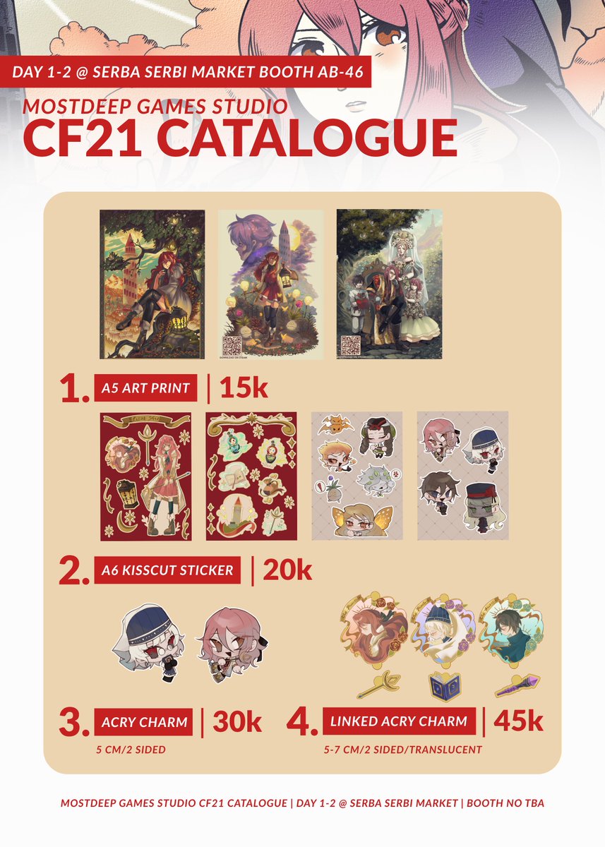 mostdeep_games's tweet photo. Hello! Because booth number is out, we're updating our #CF21 #comifuro21 catalogue (OTS only)! 
We'll be at Serba Serbi Market (AB-46)

Fandom: Original game (Tower of Guardian) https://t.co/EFzOL8p9tu