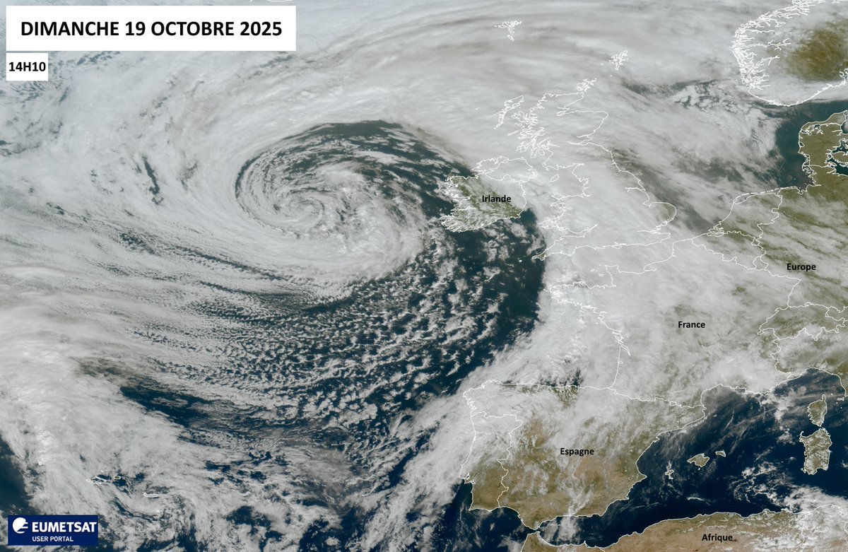 [Direct]

Superbe image satellite ce dimanche 19 octobre 2025 après-midi, montrant un net changement de temps à venir en France et sur notre <a href="/RCValdeLoire/">Région Centre-Val de Loire</a>.

En effet, on observe un spectaculaire enroulement nuageux 🌀 autour du cœur de la dépression située à l'Ouest de l'Irlande.