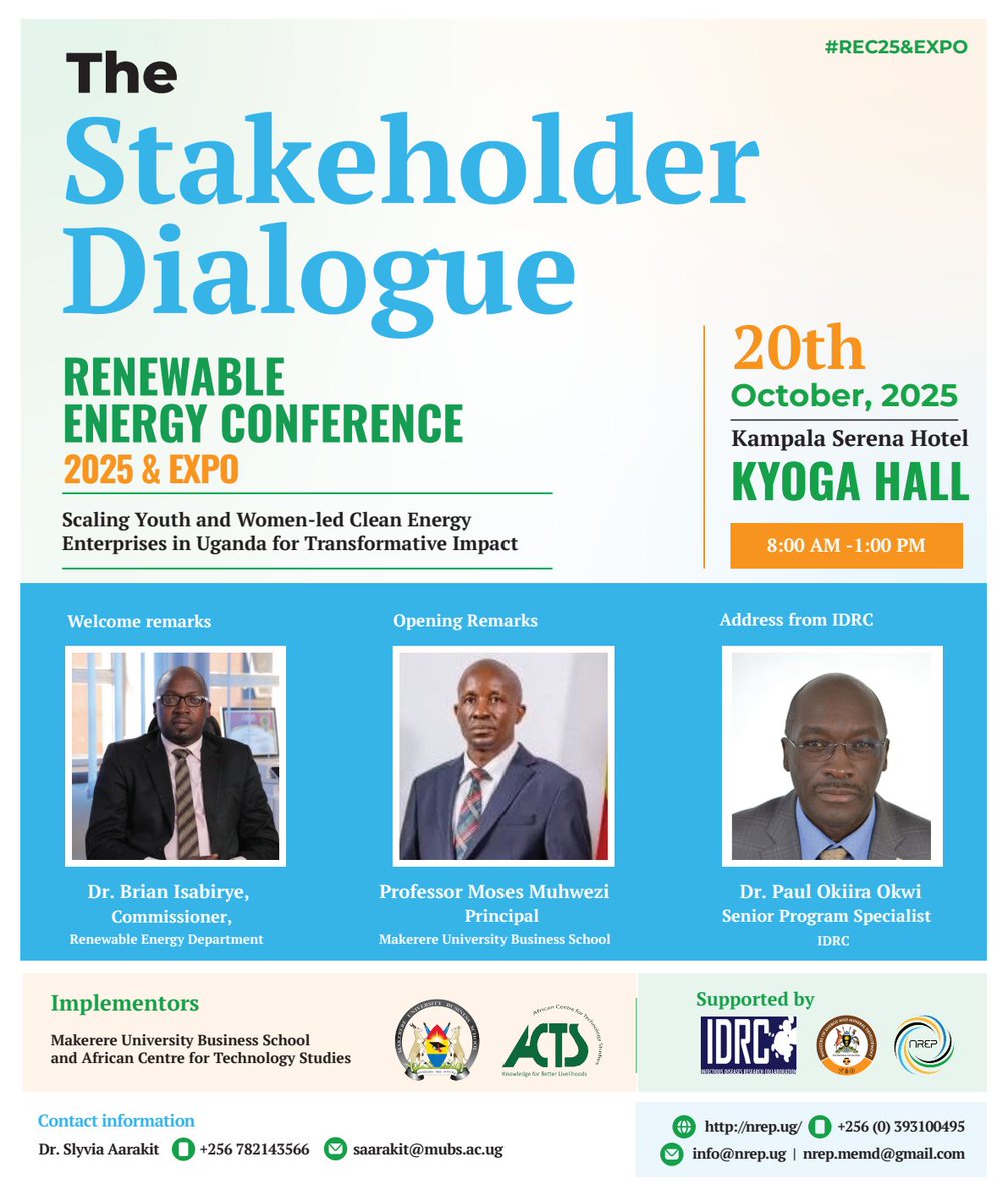 Join us at The Stakeholder Dialogue happening tomorrow at the #REC25 Kyoga Hall as we dive deeper on how <a href="/OfficialMubs/">Makerere University Business School</a> is creating community resilience by Scaling Youth and Women-led Clean Energy Enterprises in Uganda for Transformative and Sustainable Impact.
#CleanEnergy
#SDG7